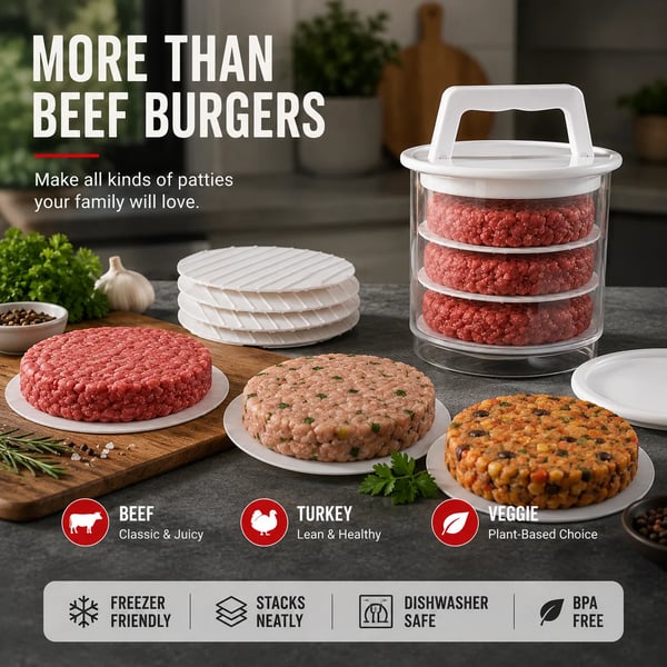 ⏰Limited Stock 60% OFF🍔Non-Stick Burger Mold Shaper with Freezer Storage Container - 12-Piece Set with 8-Layer Plastic Discs