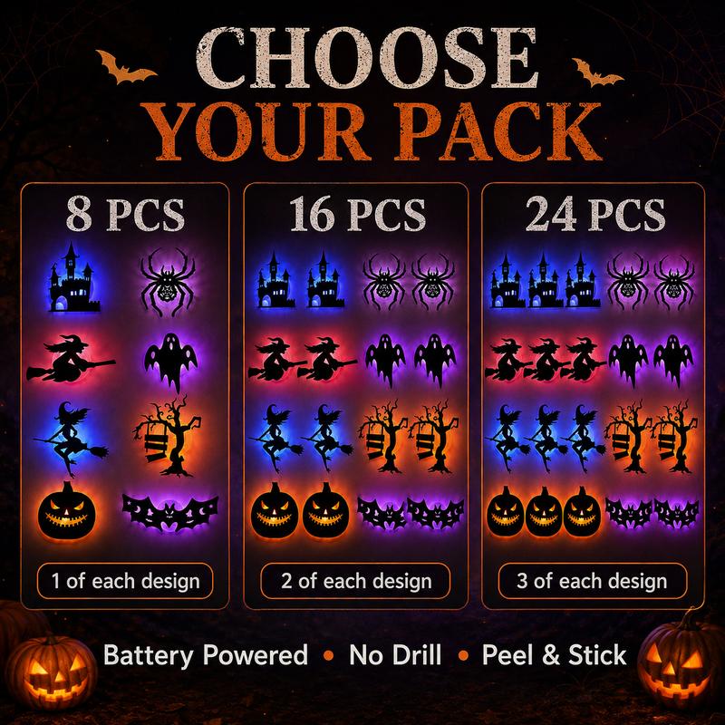 🔥LAST DAY 49% OFF | Renter-Friendly Peel & Stick Halloween LED Window Lights, No Drill No Residue, 8 Spooky Silhouette Designs