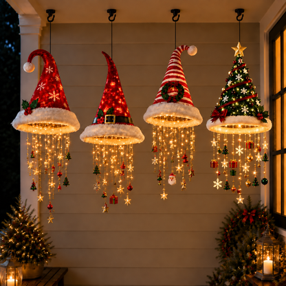 🎅 Lighted Santa Hat Hanging Chandelier 🎄 | 3 Styles Warm LED Christmas String Light | Indoor Outdoor Porch Holiday Decor Gift