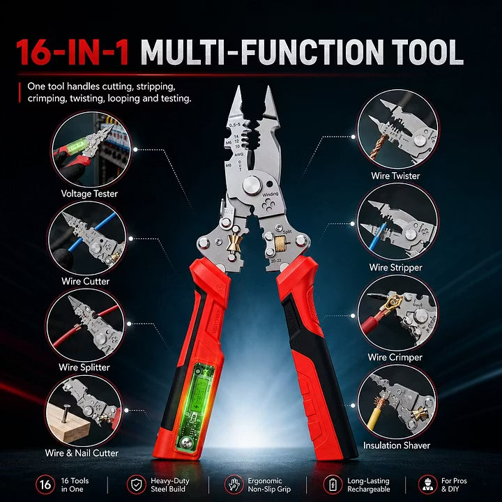 ⚡🛠️16-in-1 Multifunctional Electrical Pliers with Voltage Tester, Heavy Duty Wire Stripper for Electricians & DIY Projects