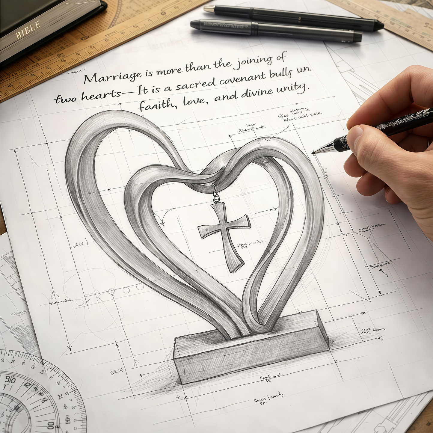 🌸Valentine's Day Hot Sale💖Marriage Takes Three – Entwined Heart & Cross Christian Wedding Sculpture