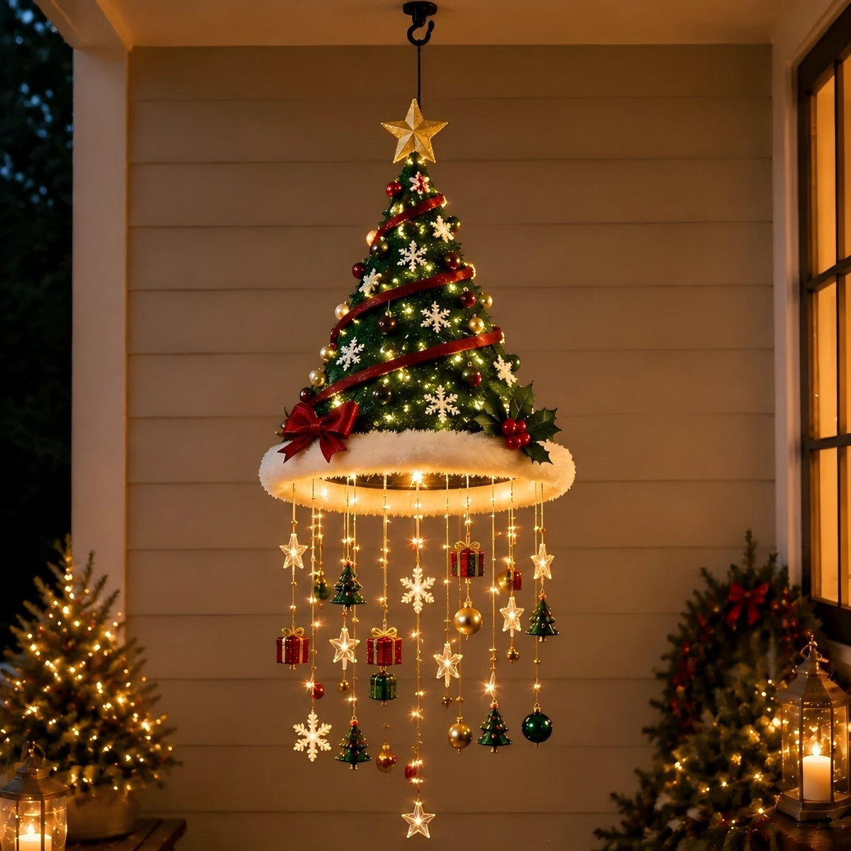 🎅 Lighted Santa Hat Hanging Chandelier 🎄 | 3 Styles Warm LED Christmas String Light | Indoor Outdoor Porch Holiday Decor Gift