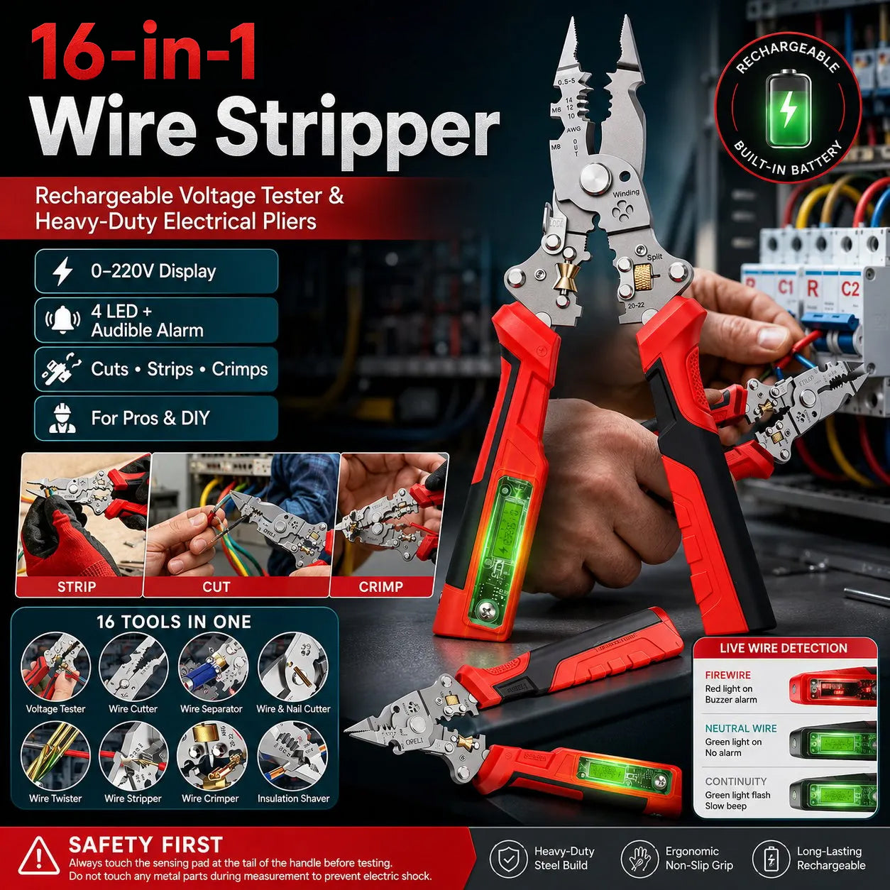 ⚡🛠️16-in-1 Multifunctional Electrical Pliers with Voltage Tester, Heavy Duty Wire Stripper for Electricians & DIY Projects