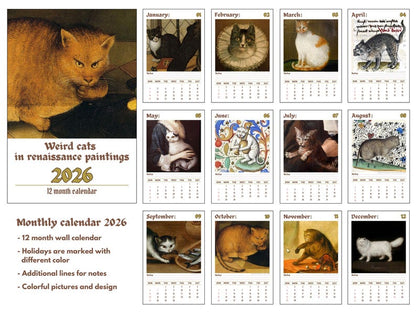 Weird cats in renaissance 2026 Wall Calendar